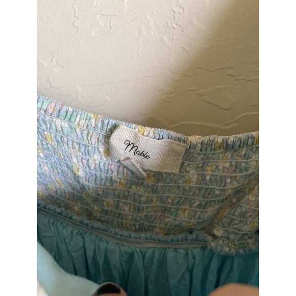 Mable Size Medium Smocked Tie Bow Doll Front Blue Floral Mini Dress A-Line Puff - Picture 5 of 8